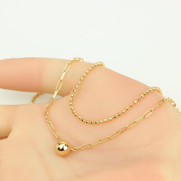 Layered Rose Gold Necklace with Ball Charm, XPNL0350 - Picture 5 of 13